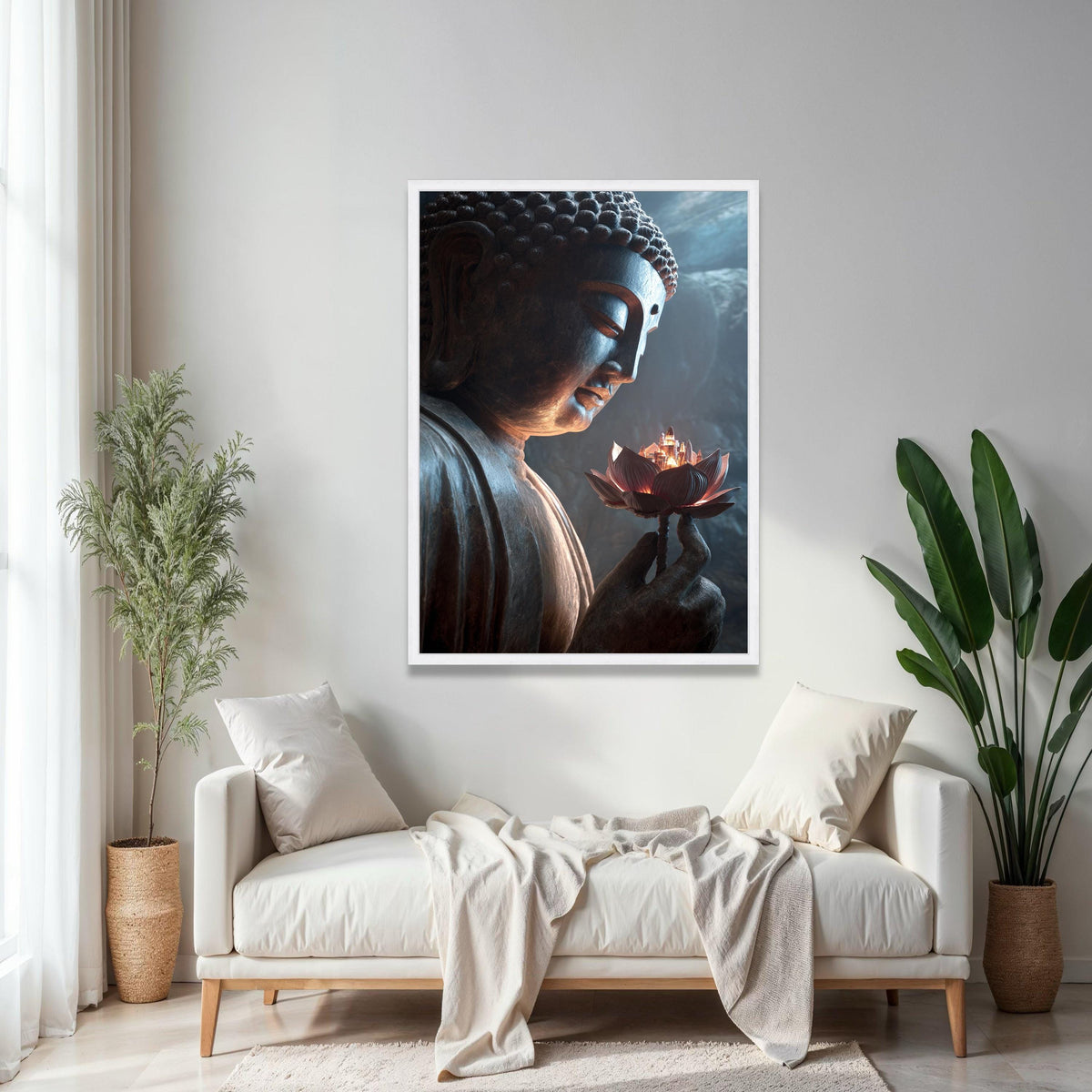 Serene Buddha Statue Canvas, Lotus Flower with City Light, Spiritual Meditation Wall Art, Zen Home Decor, Gift Art, Home Decor, Print