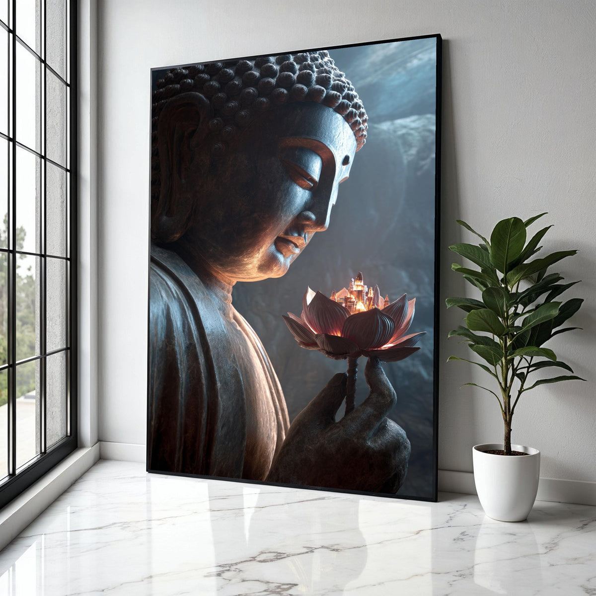 Serene Buddha Statue Canvas, Lotus Flower with City Light, Spiritual Meditation Wall Art, Zen Home Decor, Gift Art, Home Decor, Print