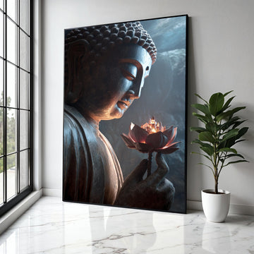 Serene Buddha Statue Canvas, Lotus Flower with City Light, Spiritual Meditation Wall Art, Zen Home Decor, Gift Art, Home Decor, Print