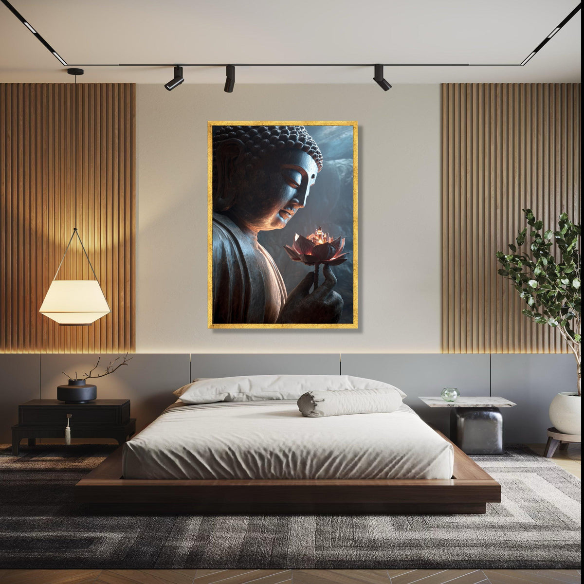 Serene Buddha Statue Canvas, Lotus Flower with City Light, Spiritual Meditation Wall Art, Zen Home Decor, Gift Art, Home Decor, Print