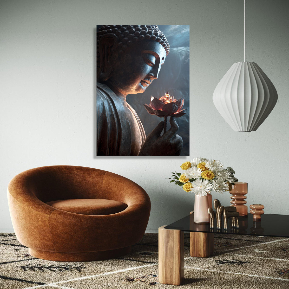 Serene Buddha Statue Canvas, Lotus Flower with City Light, Spiritual Meditation Wall Art, Zen Home Decor, Gift Art, Home Decor, Print
