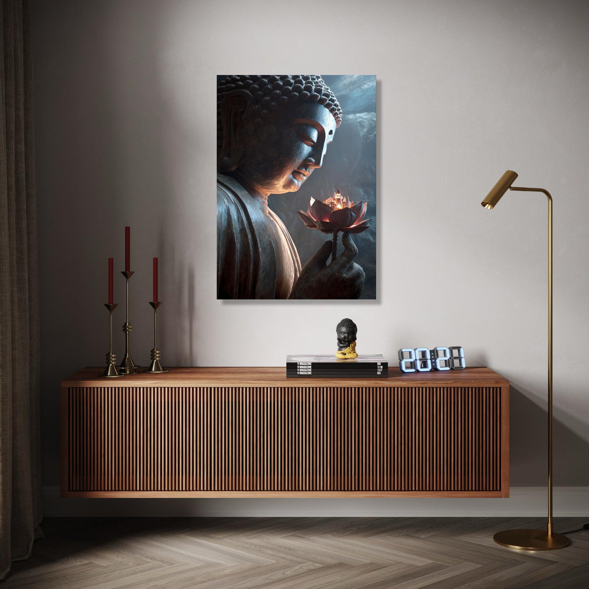 Serene Buddha Statue Canvas, Lotus Flower with City Light, Spiritual Meditation Wall Art, Zen Home Decor, Gift Art, Home Decor, Print