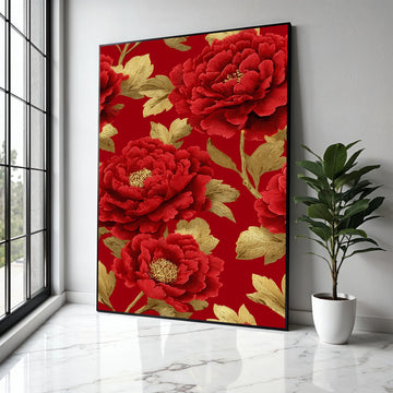 Luxurious Red Peony Canvas Wall Art, Golden Leaves Floral Design, Elegant Botanical Canvas, Sophisticated Home Gift Art, Home Decor, Print