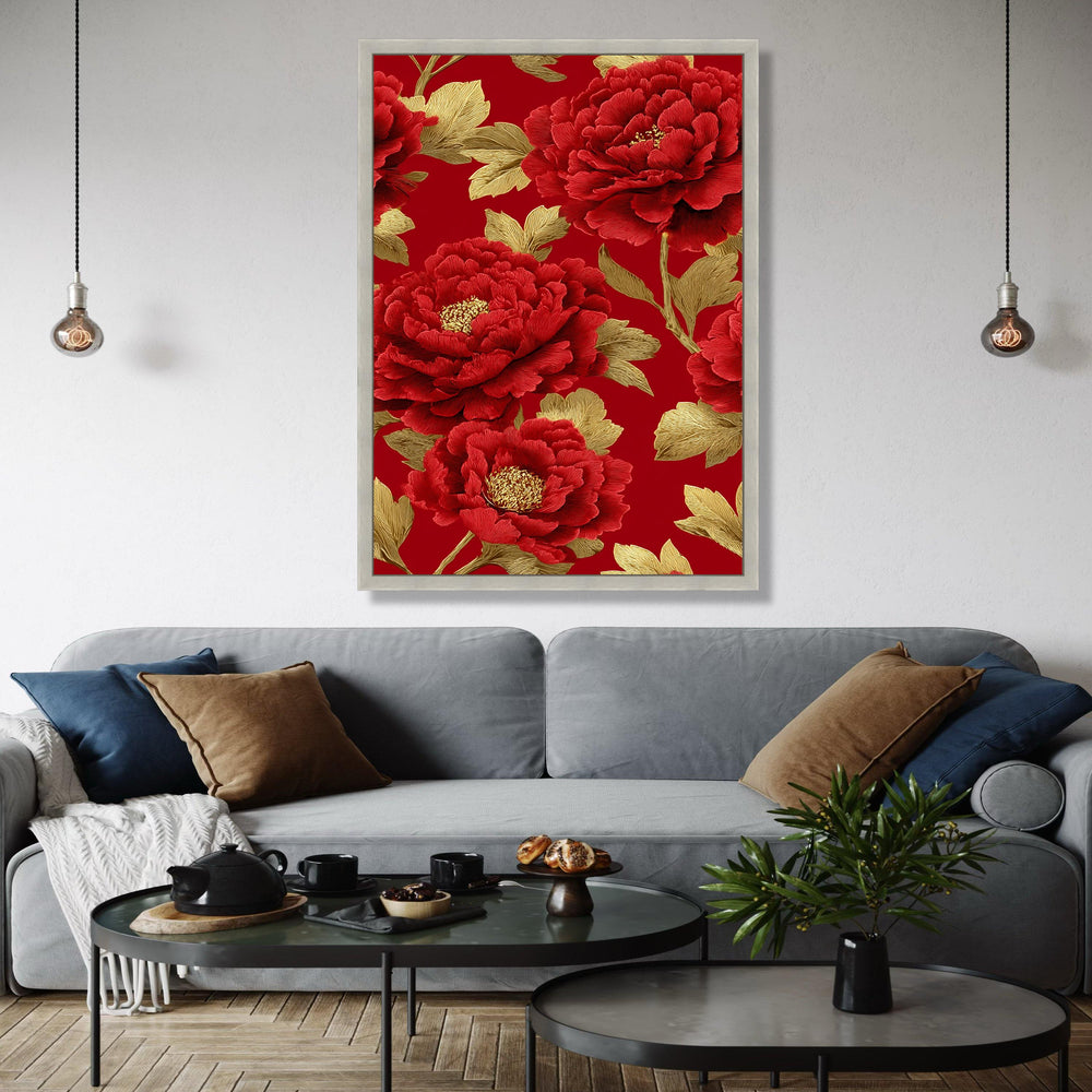 Luxurious Red Peony Canvas Wall Art, Golden Leaves Floral Design, Elegant Botanical Canvas, Sophisticated Home Gift Art, Home Decor, Print