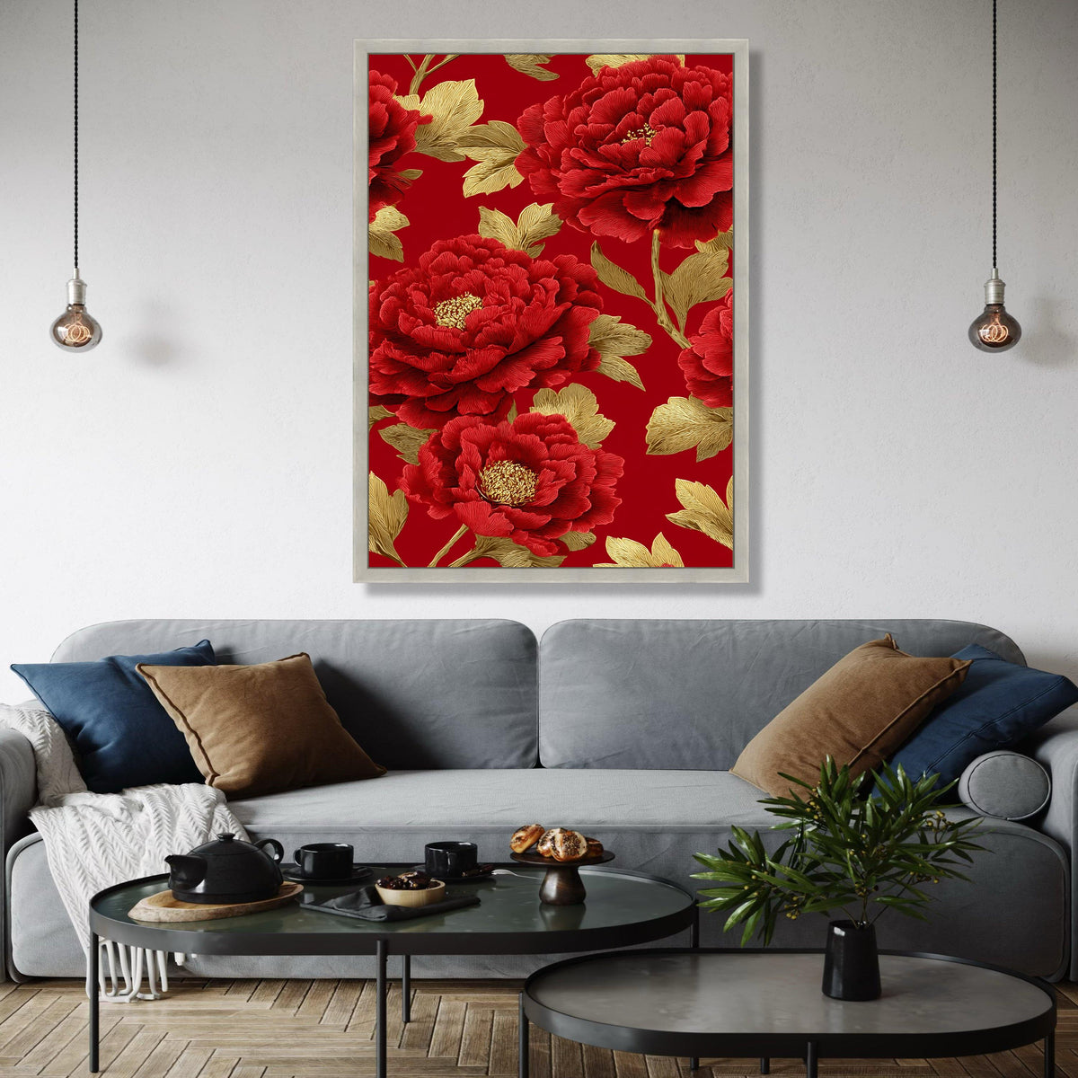 Luxurious Red Peony Canvas Wall Art, Golden Leaves Floral Design, Elegant Botanical Canvas, Sophisticated Home Gift Art, Home Decor, Print