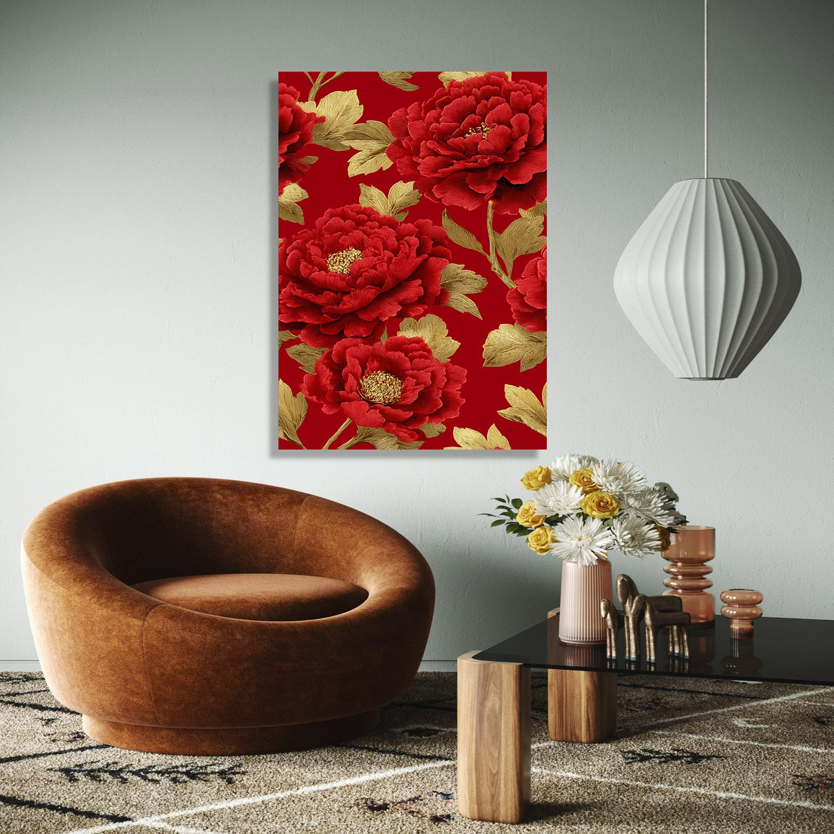 Luxurious Red Peony Canvas Wall Art, Golden Leaves Floral Design, Elegant Botanical Canvas, Sophisticated Home Gift Art, Home Decor, Print
