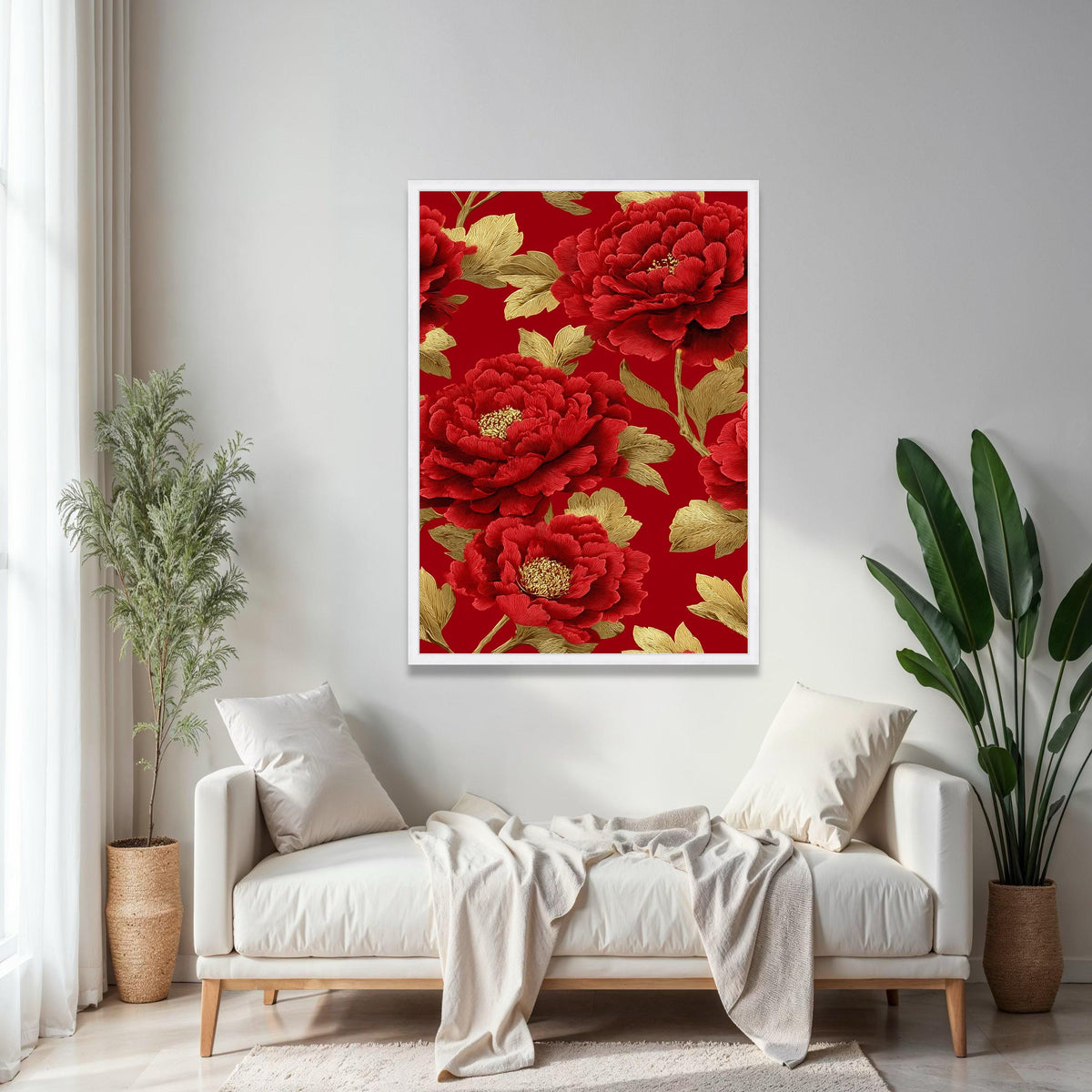 Luxurious Red Peony Canvas Wall Art, Golden Leaves Floral Design, Elegant Botanical Canvas, Sophisticated Home Gift Art, Home Decor, Print