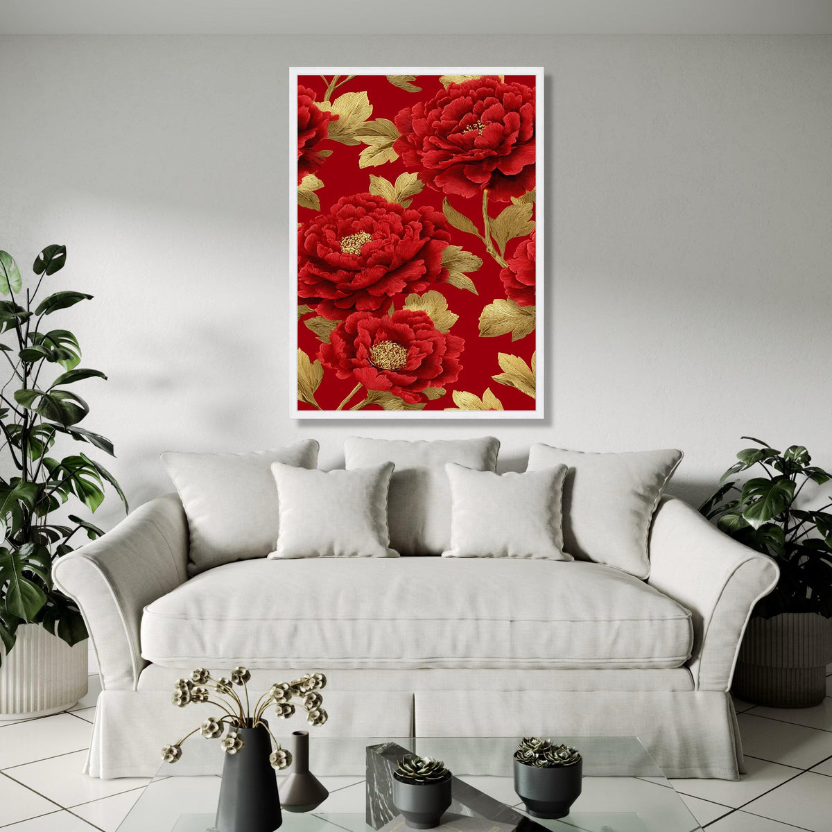 Luxurious Red Peony Canvas Wall Art, Golden Leaves Floral Design, Elegant Botanical Canvas, Sophisticated Home Gift Art, Home Decor, Print