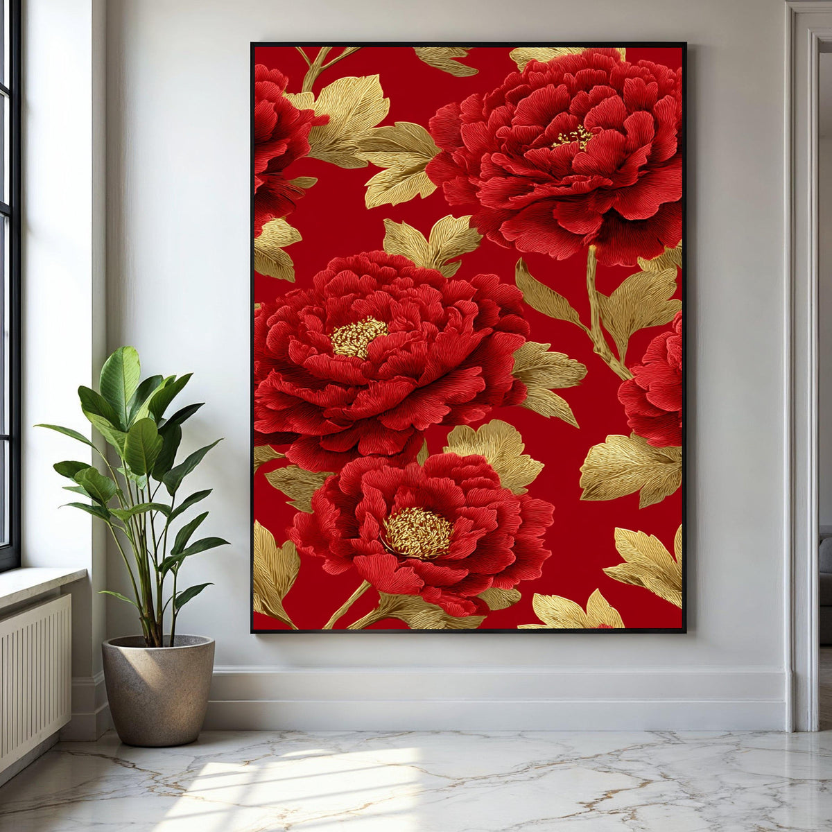 Luxurious Red Peony Canvas Wall Art, Golden Leaves Floral Design, Elegant Botanical Canvas, Sophisticated Home Gift Art, Home Decor, Print