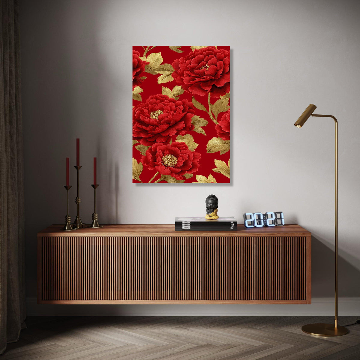 Luxurious Red Peony Canvas Wall Art, Golden Leaves Floral Design, Elegant Botanical Canvas, Sophisticated Home Gift Art, Home Decor, Print