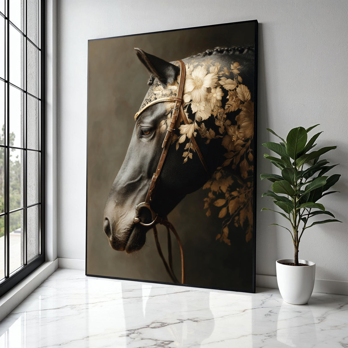 Elegant Black Horse Portrait Canvas, Floral Pattern Saddle Art, Equestrian Wall Decor, Rustic Animal Canvas, Gift Art, Home Decor, Print