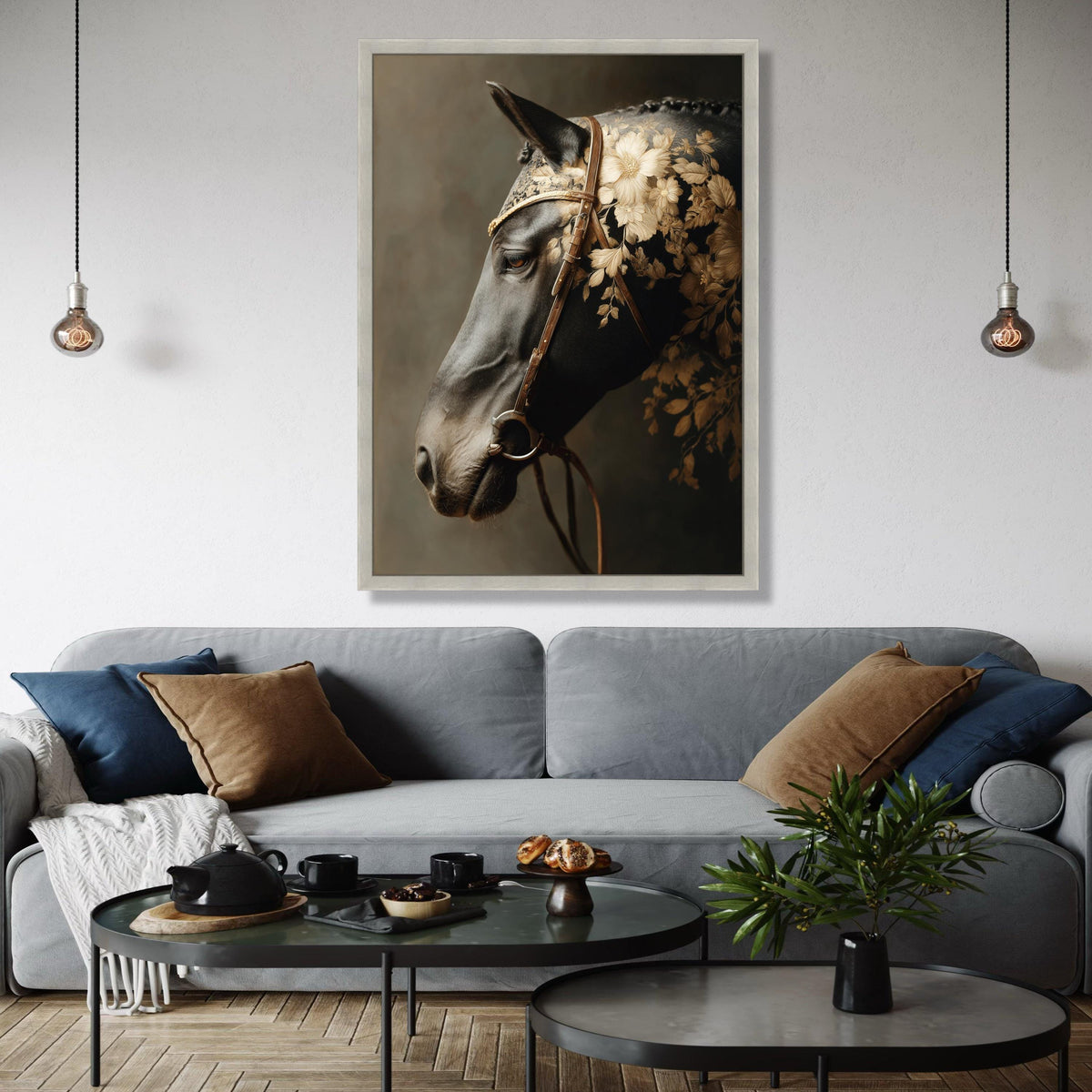 Elegant Black Horse Portrait Canvas, Floral Pattern Saddle Art, Equestrian Wall Decor, Rustic Animal Canvas, Gift Art, Home Decor, Print