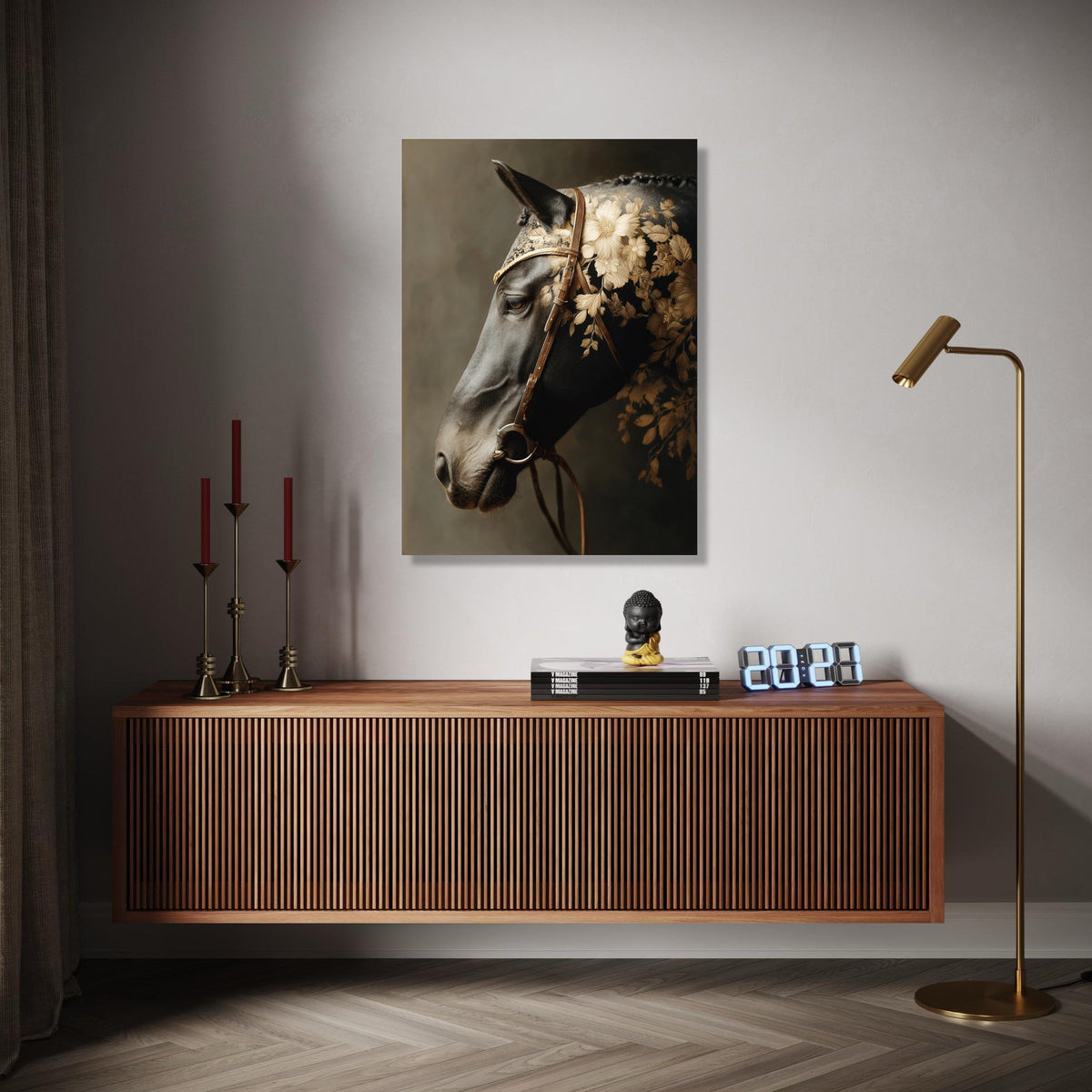 Elegant Black Horse Portrait Canvas, Floral Pattern Saddle Art, Equestrian Wall Decor, Rustic Animal Canvas, Gift Art, Home Decor, Print