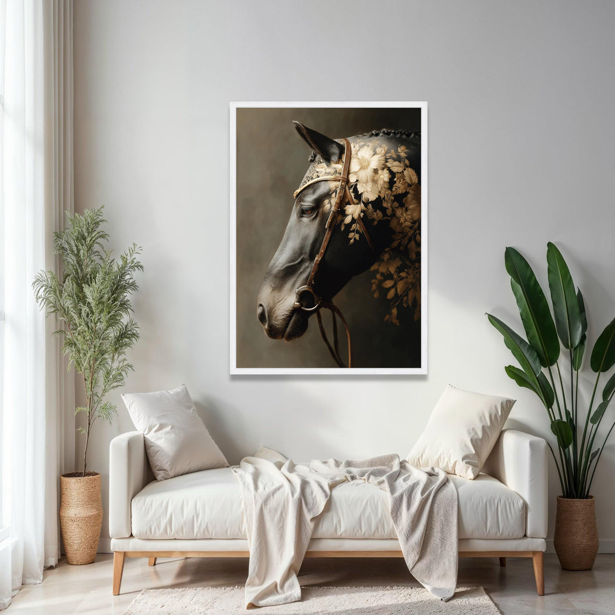 Elegant Black Horse Portrait Canvas, Floral Pattern Saddle Art, Equestrian Wall Decor, Rustic Animal Canvas, Gift Art, Home Decor, Print