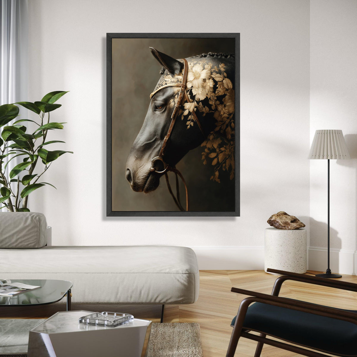 Elegant Black Horse Portrait Canvas, Floral Pattern Saddle Art, Equestrian Wall Decor, Rustic Animal Canvas, Gift Art, Home Decor, Print