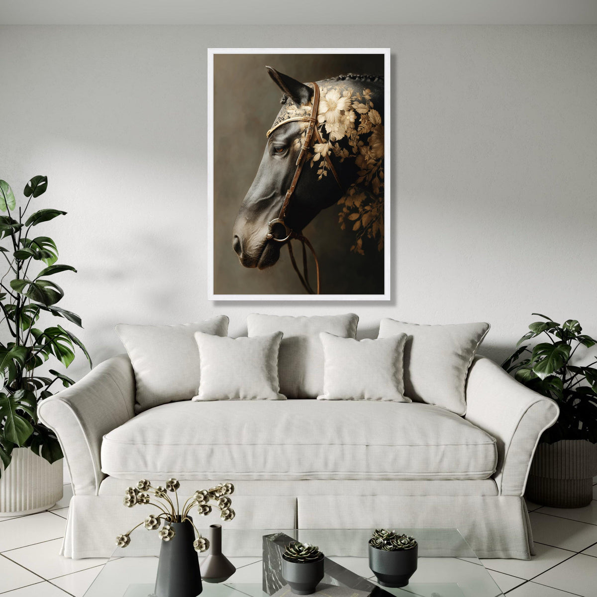 Elegant Black Horse Portrait Canvas, Floral Pattern Saddle Art, Equestrian Wall Decor, Rustic Animal Canvas, Gift Art, Home Decor, Print