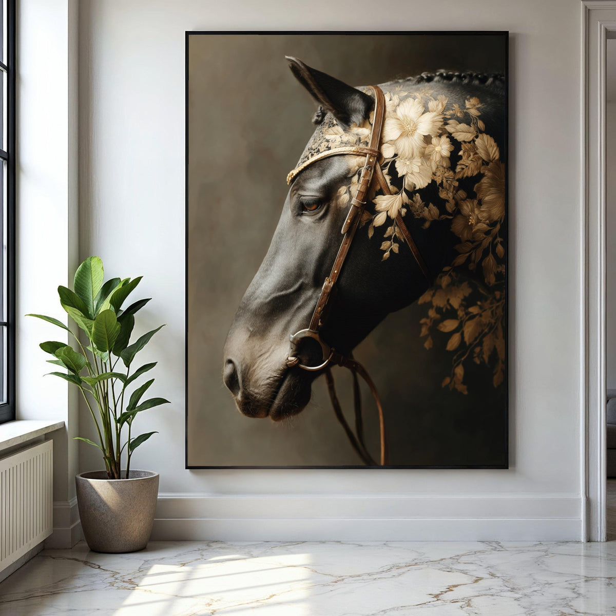 Elegant Black Horse Portrait Canvas, Floral Pattern Saddle Art, Equestrian Wall Decor, Rustic Animal Canvas, Gift Art, Home Decor, Print