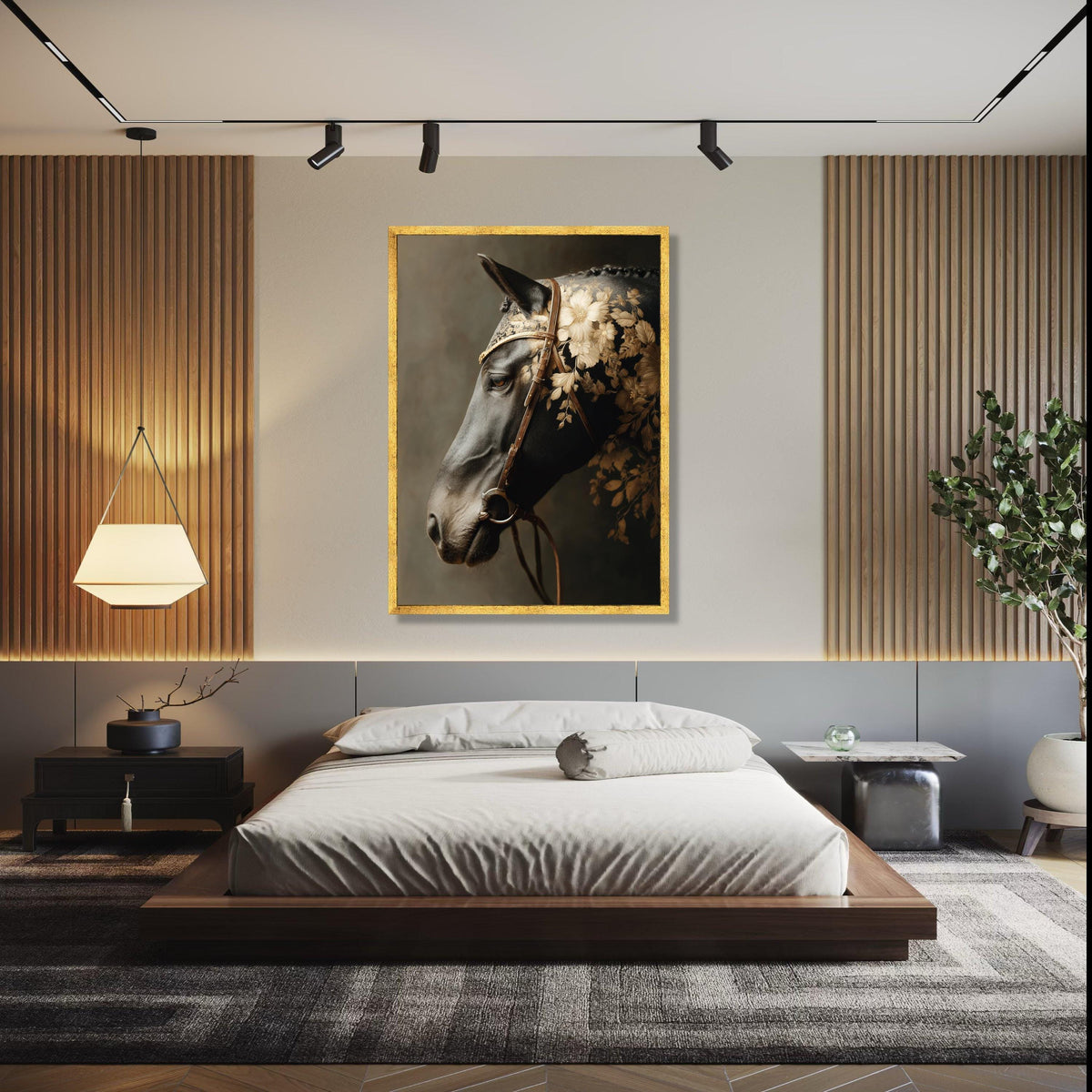 Elegant Black Horse Portrait Canvas, Floral Pattern Saddle Art, Equestrian Wall Decor, Rustic Animal Canvas, Gift Art, Home Decor, Print