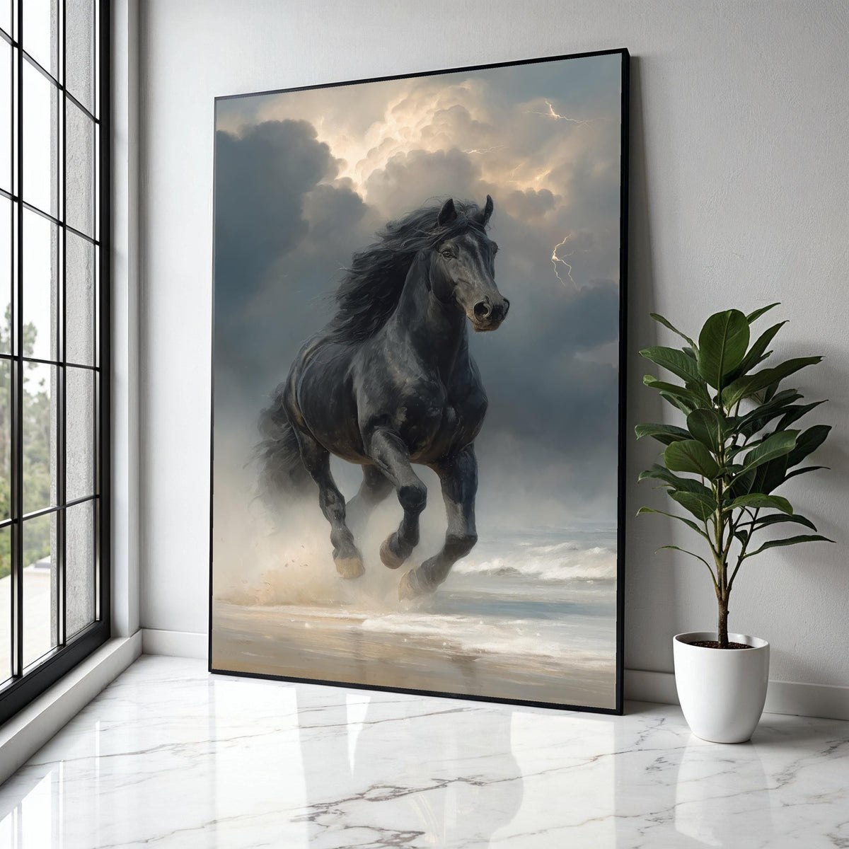 Majestic Black Stallion Running, Stormy Sky Canvas, Powerful Horse Wall Art, Ocean Shore Landscape, Dynamic Gift Art, Home Decor, Print