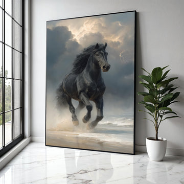 Majestic Black Stallion Running, Stormy Sky Canvas, Powerful Horse Wall Art, Ocean Shore Landscape, Dynamic Gift Art, Home Decor, Print