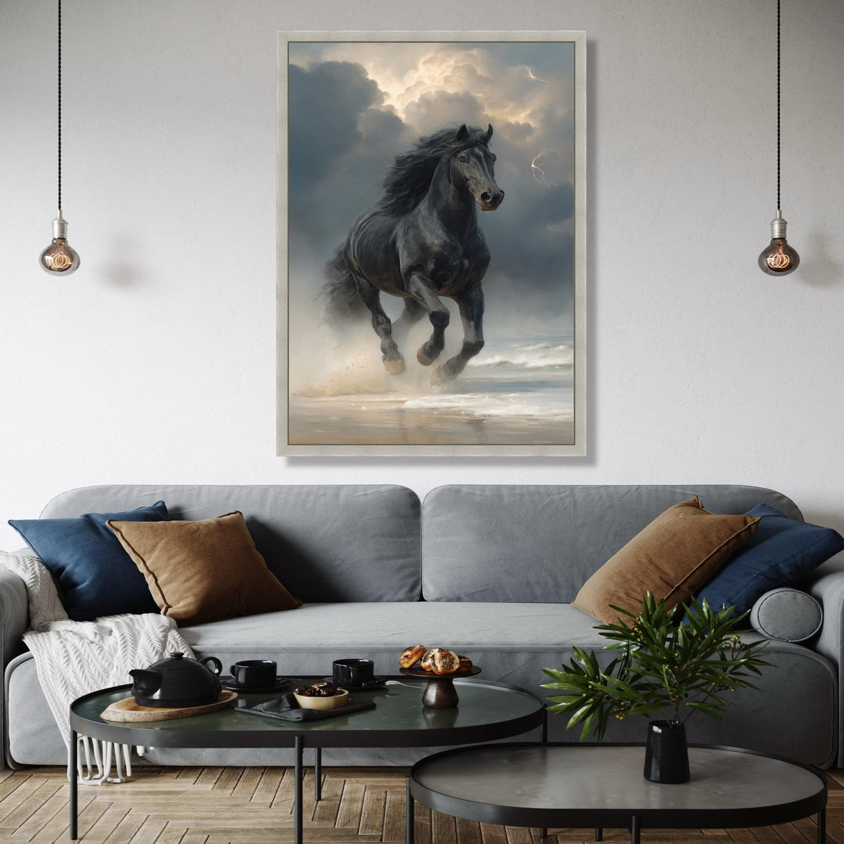 Majestic Black Stallion Running, Stormy Sky Canvas, Powerful Horse Wall Art, Ocean Shore Landscape, Dynamic Gift Art, Home Decor, Print