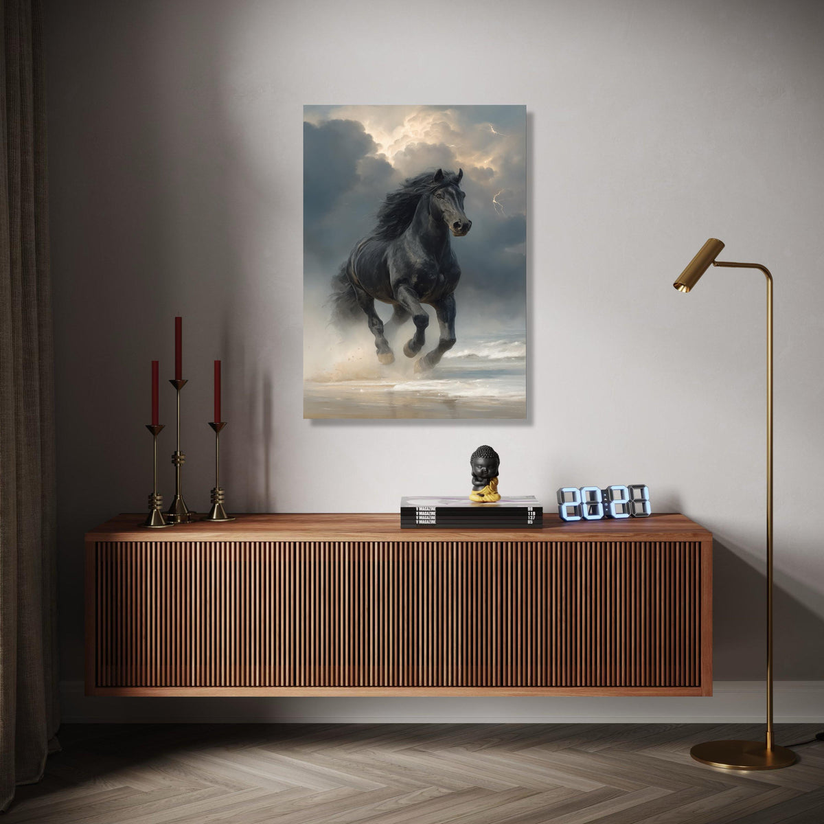 Majestic Black Stallion Running, Stormy Sky Canvas, Powerful Horse Wall Art, Ocean Shore Landscape, Dynamic Gift Art, Home Decor, Print