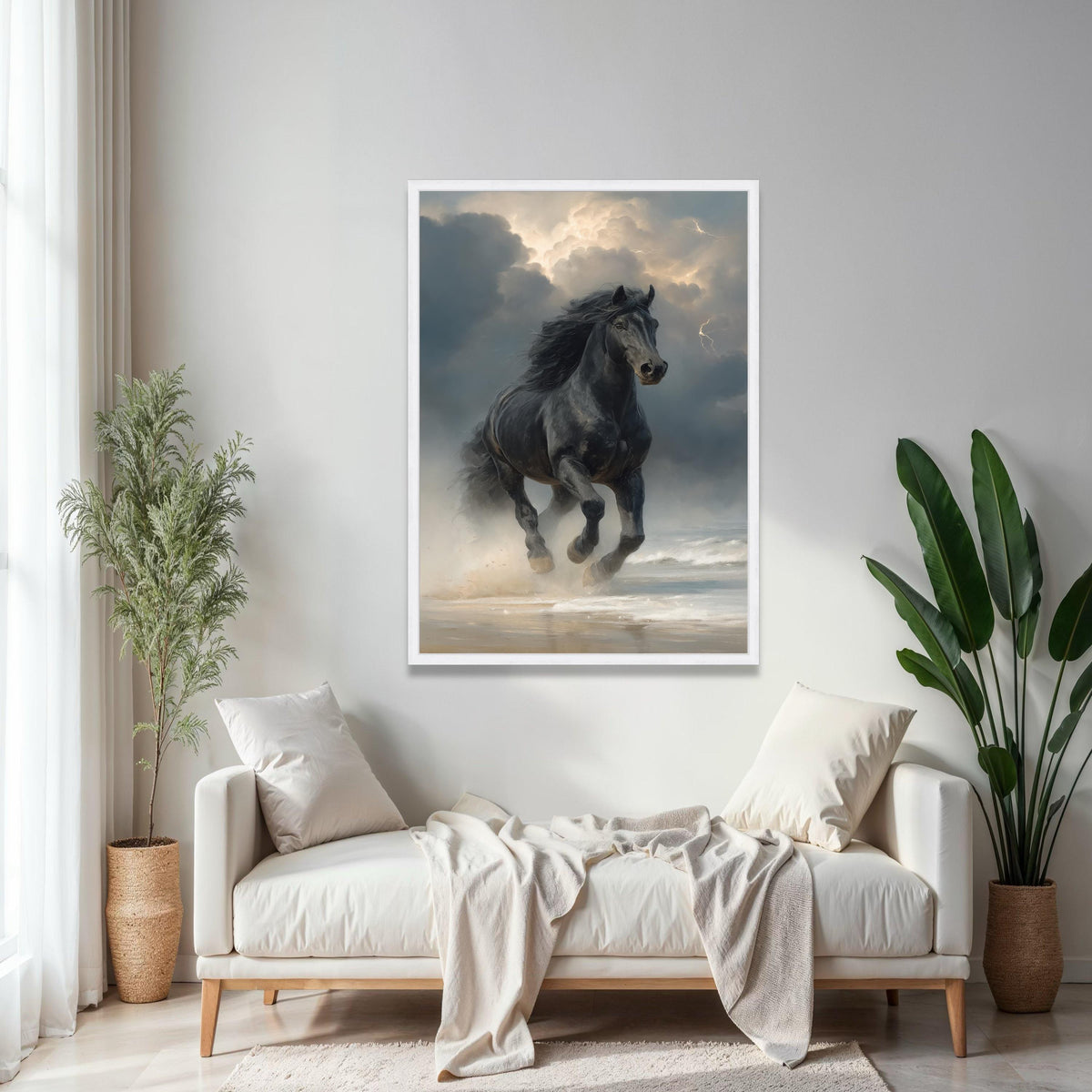 Majestic Black Stallion Running, Stormy Sky Canvas, Powerful Horse Wall Art, Ocean Shore Landscape, Dynamic Gift Art, Home Decor, Print