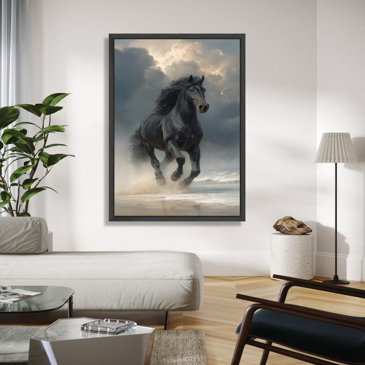 Majestic Black Stallion Running, Stormy Sky Canvas, Powerful Horse Wall Art, Ocean Shore Landscape, Dynamic Gift Art, Home Decor, Print