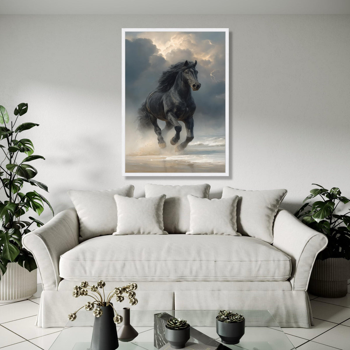 Majestic Black Stallion Running, Stormy Sky Canvas, Powerful Horse Wall Art, Ocean Shore Landscape, Dynamic Gift Art, Home Decor, Print