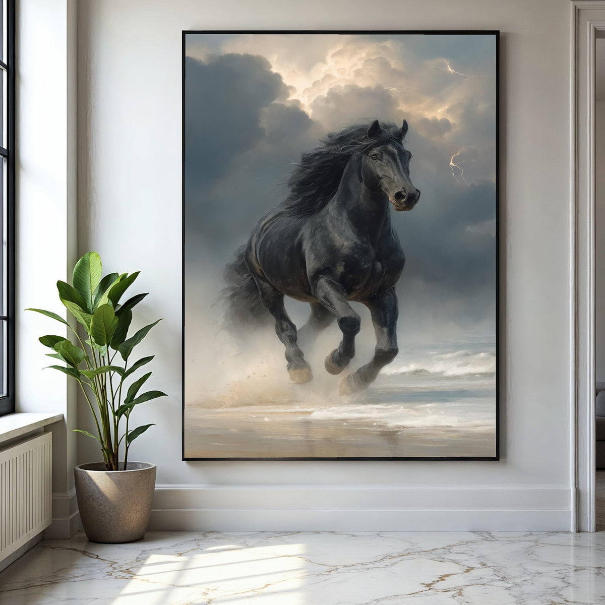 Majestic Black Stallion Running, Stormy Sky Canvas, Powerful Horse Wall Art, Ocean Shore Landscape, Dynamic Gift Art, Home Decor, Print