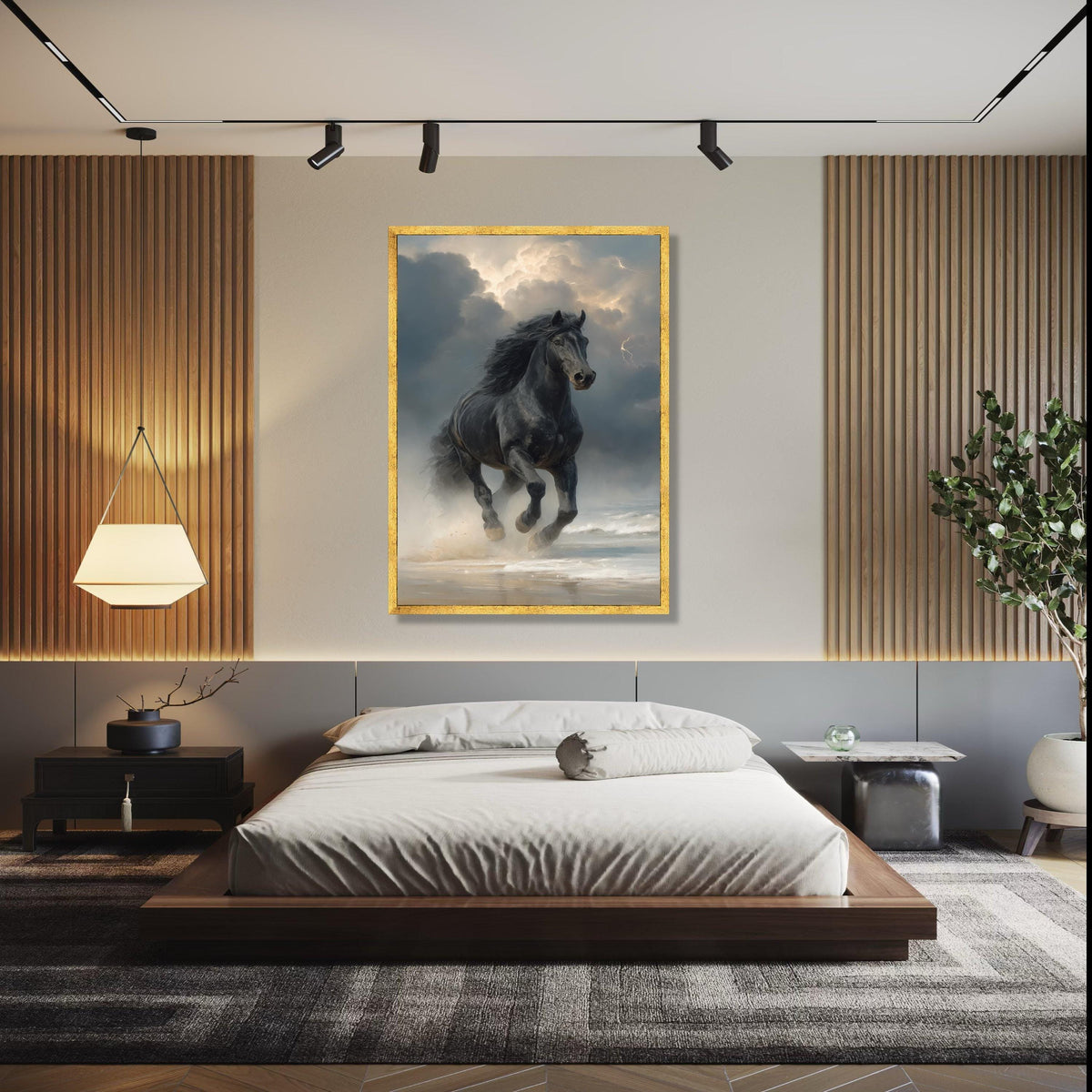 Majestic Black Stallion Running, Stormy Sky Canvas, Powerful Horse Wall Art, Ocean Shore Landscape, Dynamic Gift Art, Home Decor, Print