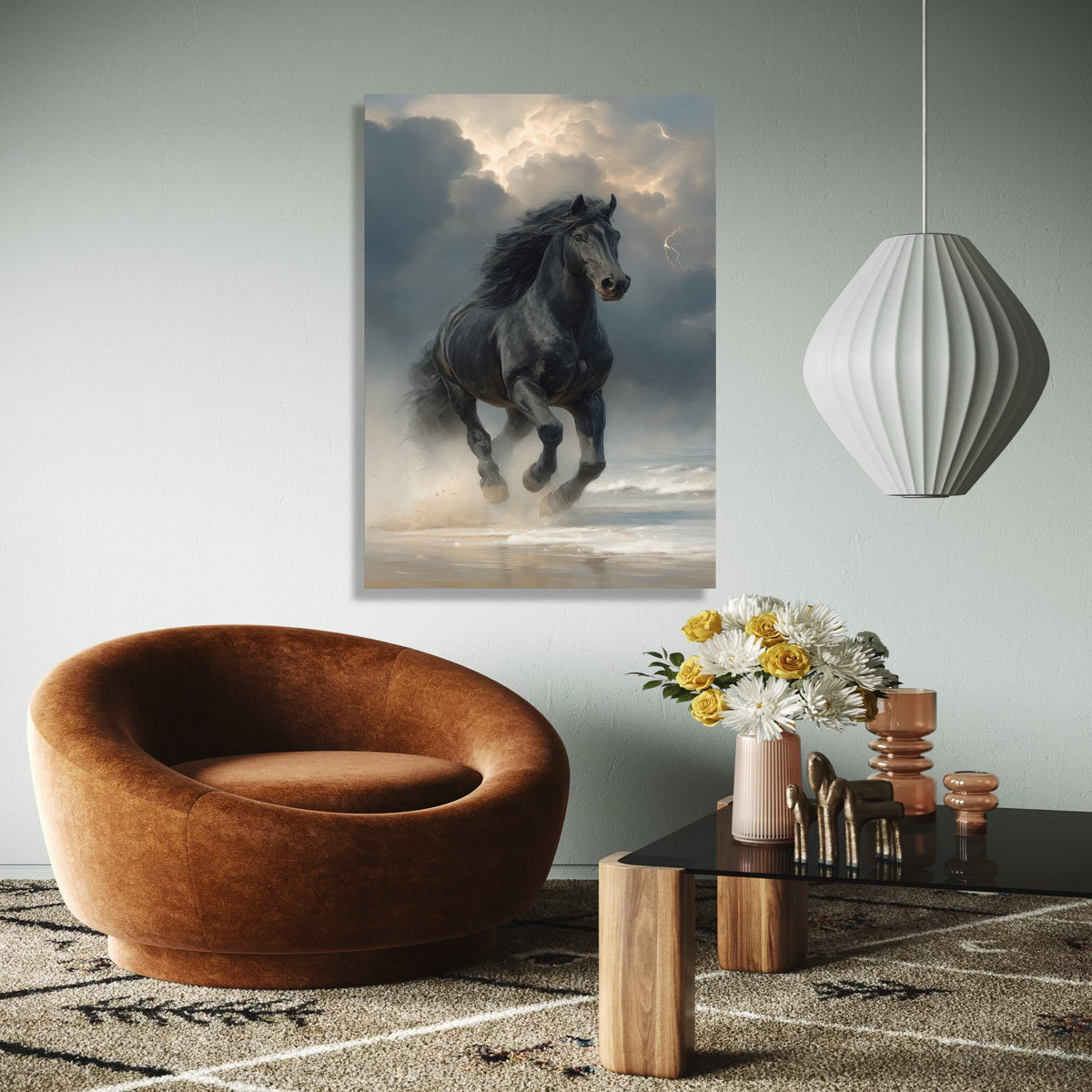 Majestic Black Stallion Running, Stormy Sky Canvas, Powerful Horse Wall Art, Ocean Shore Landscape, Dynamic Gift Art, Home Decor, Print