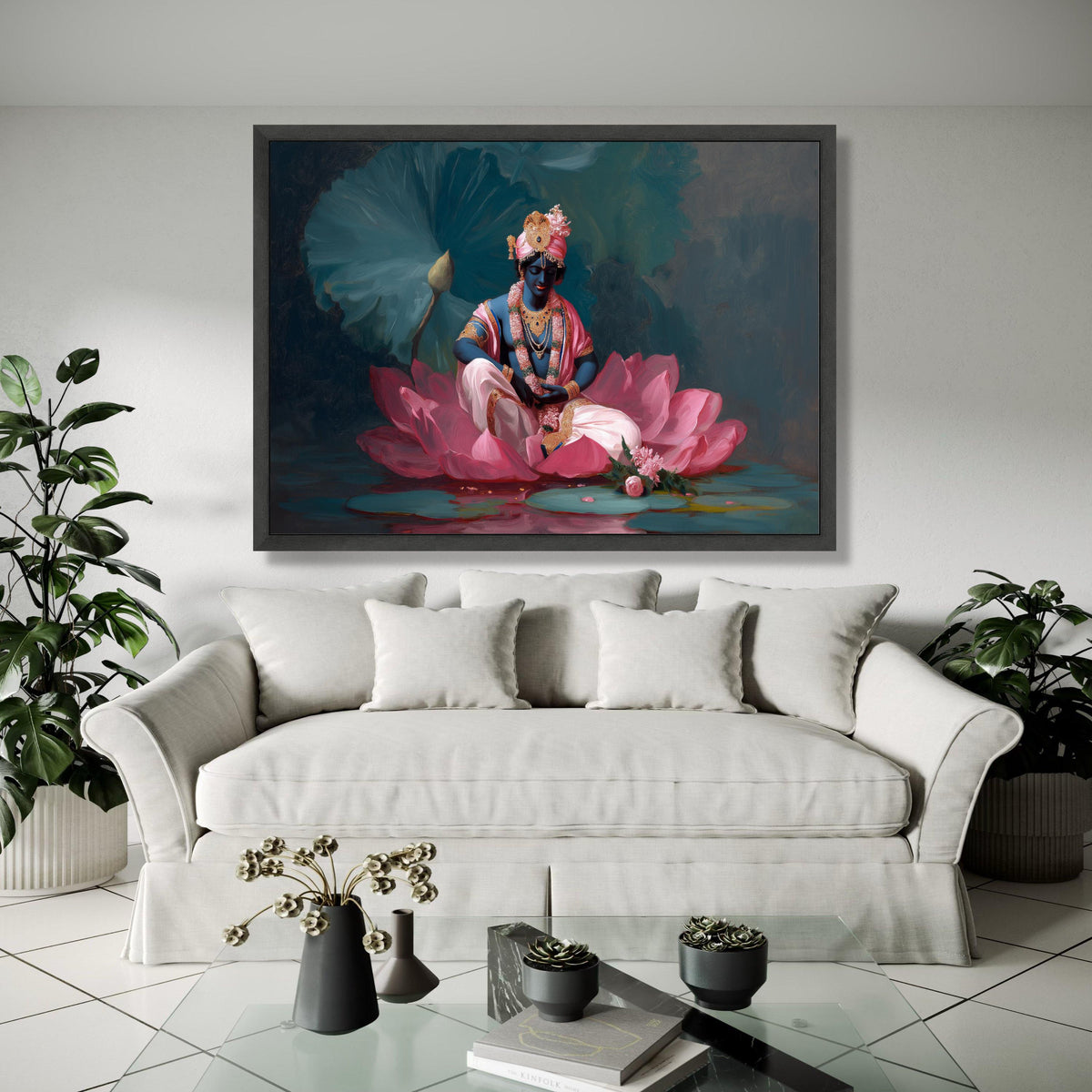 Divine Krishna Sitting on Lotus Flower Canvas, Indian Mythology Wall Art, Spiritual Blue Hindu God Painting, Gift Art, Home Decor, Print