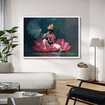 Divine Krishna Sitting on Lotus Flower Canvas, Indian Mythology Wall Art, Spiritual Blue Hindu God Painting, Gift Art, Home Decor, Print