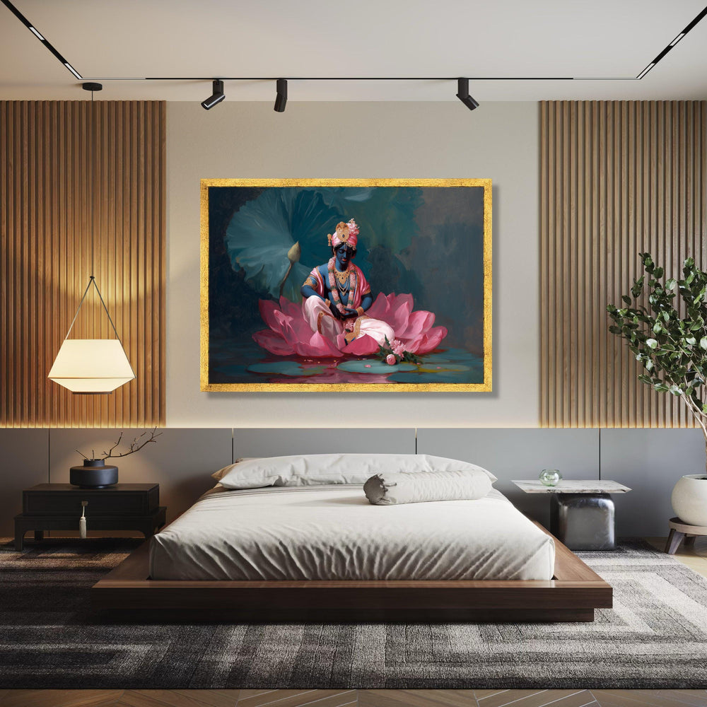 Divine Krishna Sitting on Lotus Flower Canvas, Indian Mythology Wall Art, Spiritual Blue Hindu God Painting, Gift Art, Home Decor, Print