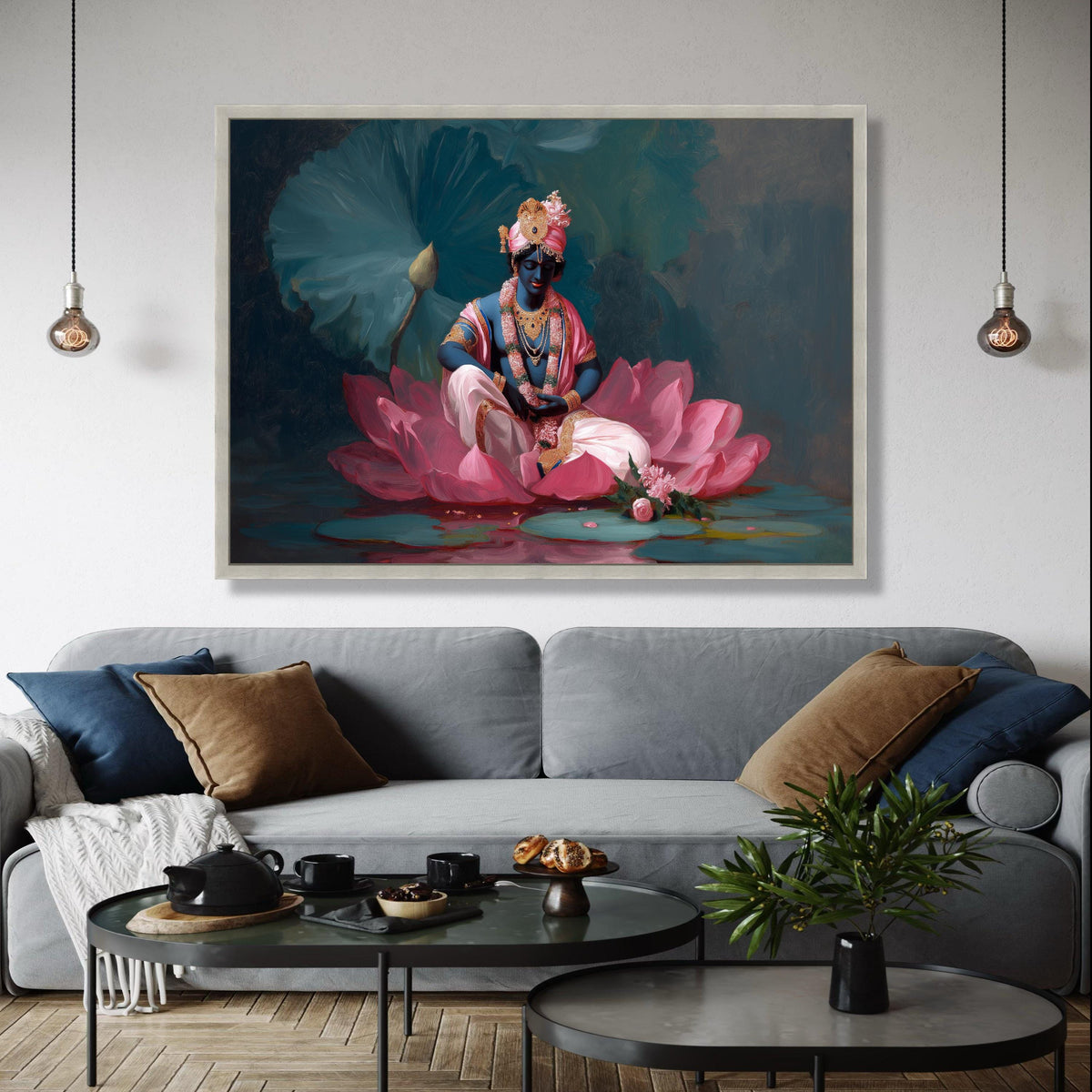 Divine Krishna Sitting on Lotus Flower Canvas, Indian Mythology Wall Art, Spiritual Blue Hindu God Painting, Gift Art, Home Decor, Print