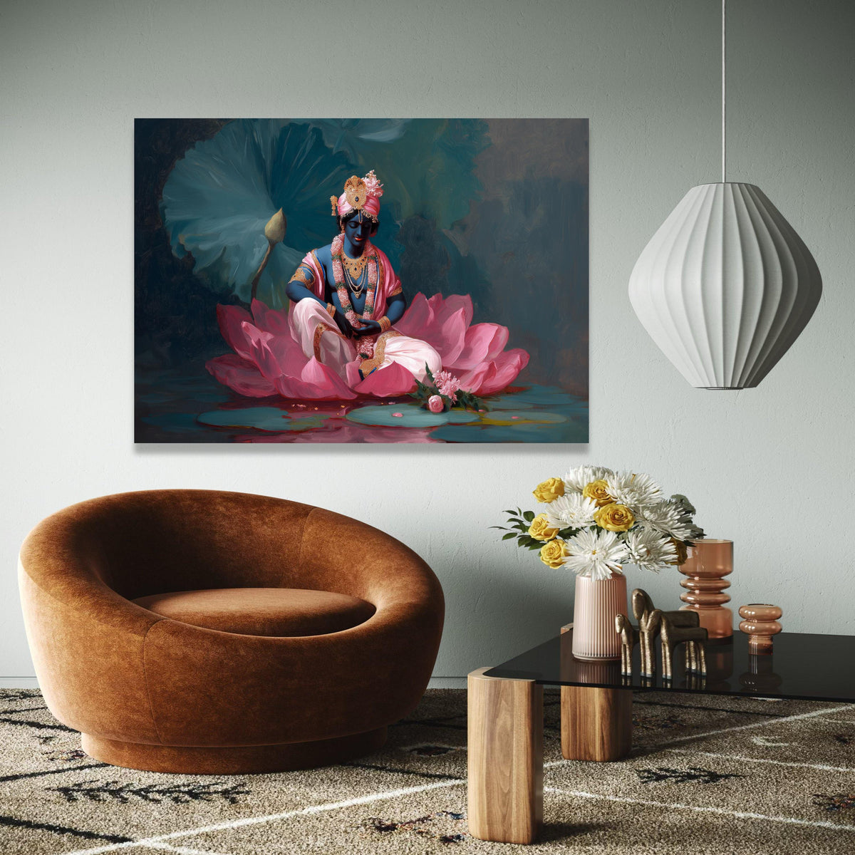 Divine Krishna Sitting on Lotus Flower Canvas, Indian Mythology Wall Art, Spiritual Blue Hindu God Painting, Gift Art, Home Decor, Print