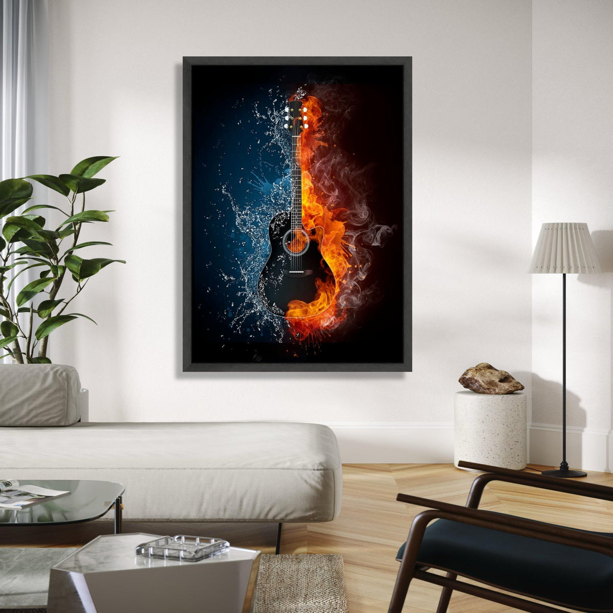 Fire and Water Guitar Canvas, Music Instrument Wall Art, Dual Element Art Print, Acoustic Guitar Decor, Modern Gift Art, Home Decor, Print