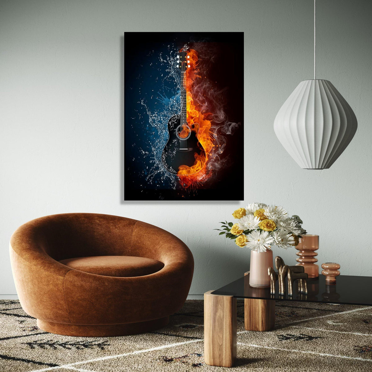 Fire and Water Guitar Canvas, Music Instrument Wall Art, Dual Element Art Print, Acoustic Guitar Decor, Modern Gift Art, Home Decor, Print