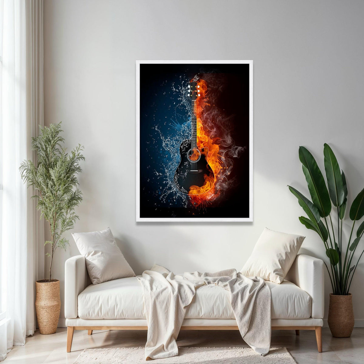 Fire and Water Guitar Canvas, Music Instrument Wall Art, Dual Element Art Print, Acoustic Guitar Decor, Modern Gift Art, Home Decor, Print