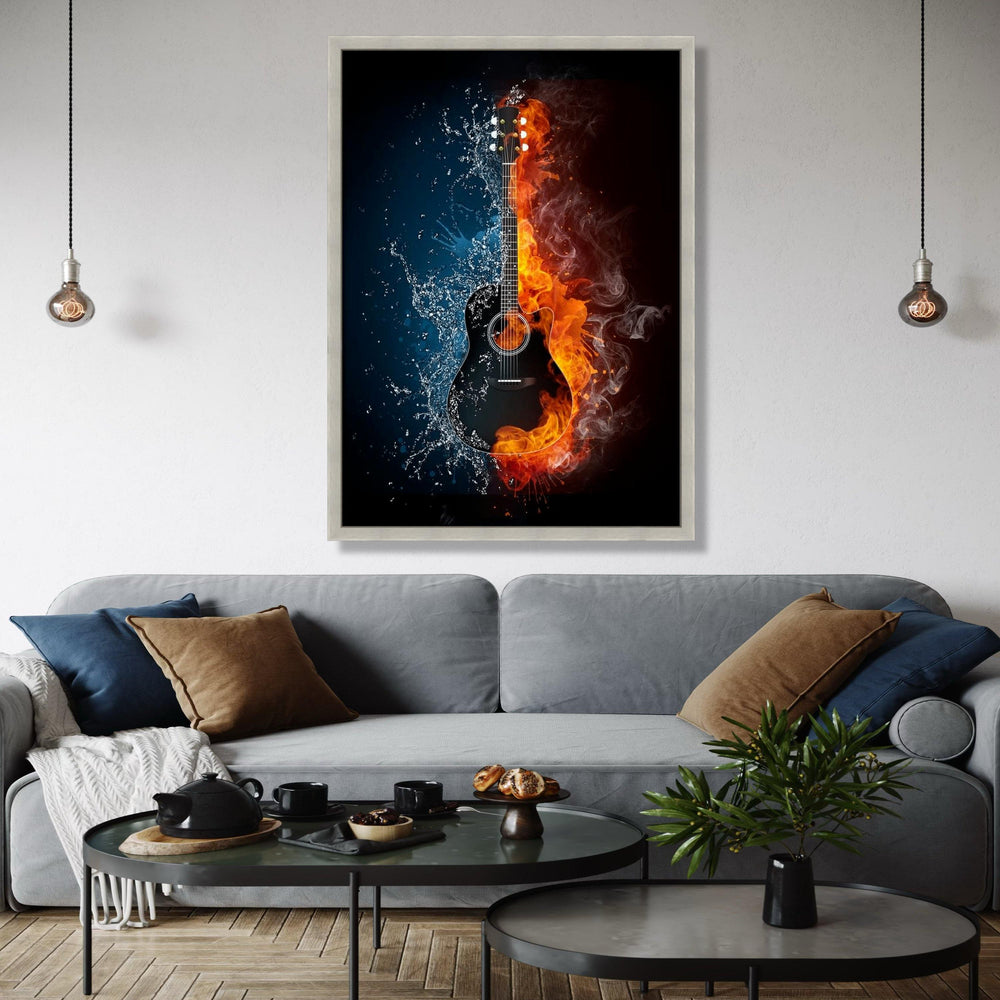 Fire and Water Guitar Canvas, Music Instrument Wall Art, Dual Element Art Print, Acoustic Guitar Decor, Modern Gift Art, Home Decor, Print