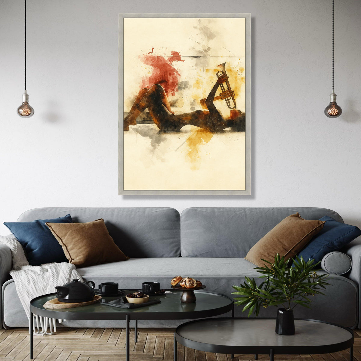 Jazz Musician Silhouette with Trumpet, Abstract Watercolor Canvas, Music Art Print, Modern Wall Decor, Artistic Gift Art, Home Decor, Print