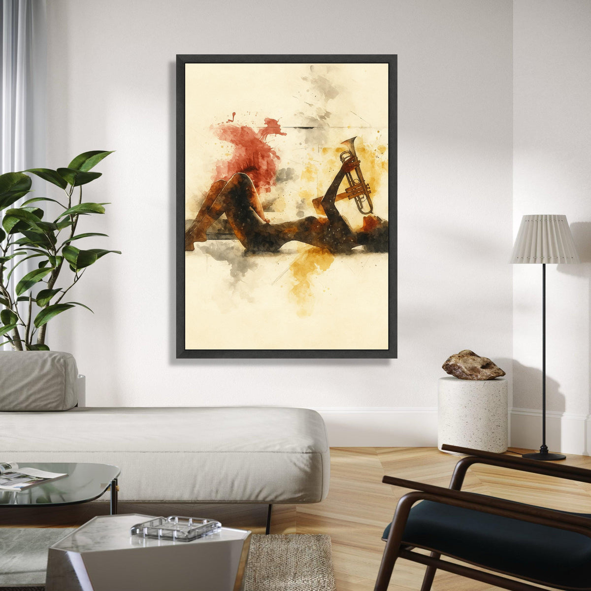 Jazz Musician Silhouette with Trumpet, Abstract Watercolor Canvas, Music Art Print, Modern Wall Decor, Artistic Gift Art, Home Decor, Print