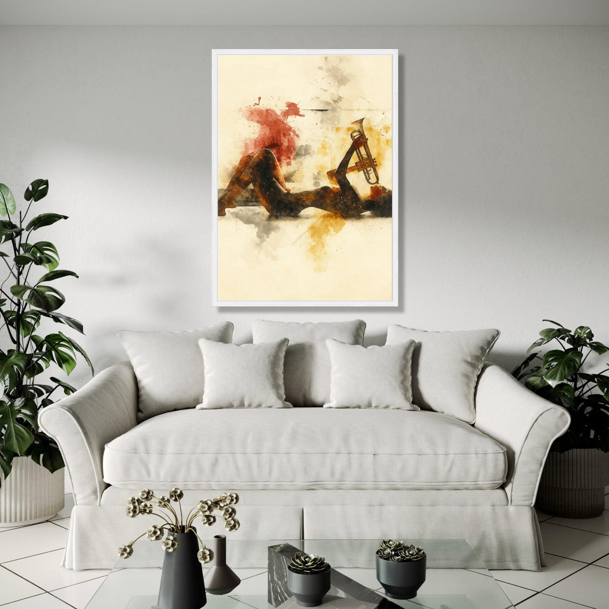 Jazz Musician Silhouette with Trumpet, Abstract Watercolor Canvas, Music Art Print, Modern Wall Decor, Artistic Gift Art, Home Decor, Print