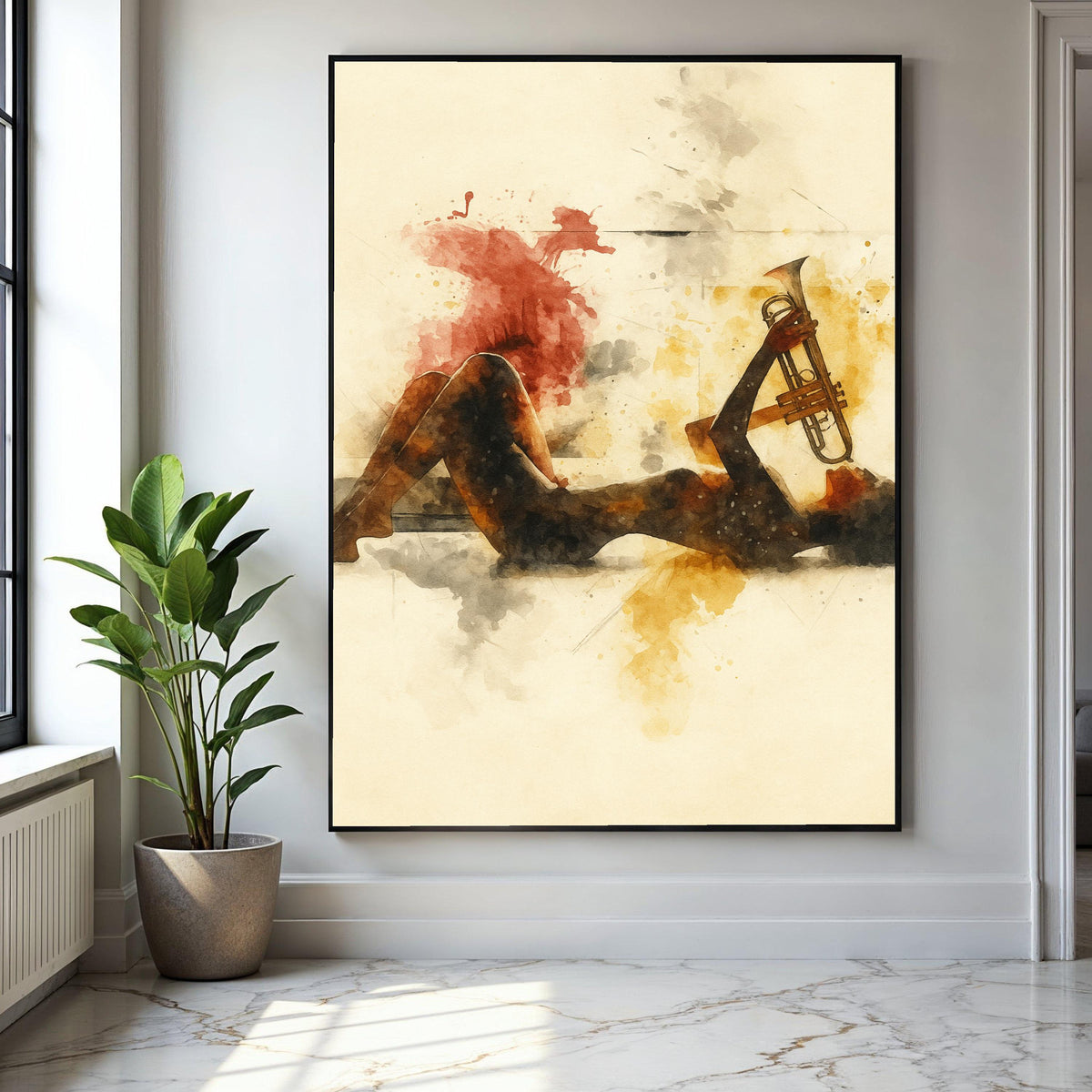 Jazz Musician Silhouette with Trumpet, Abstract Watercolor Canvas, Music Art Print, Modern Wall Decor, Artistic Gift Art, Home Decor, Print