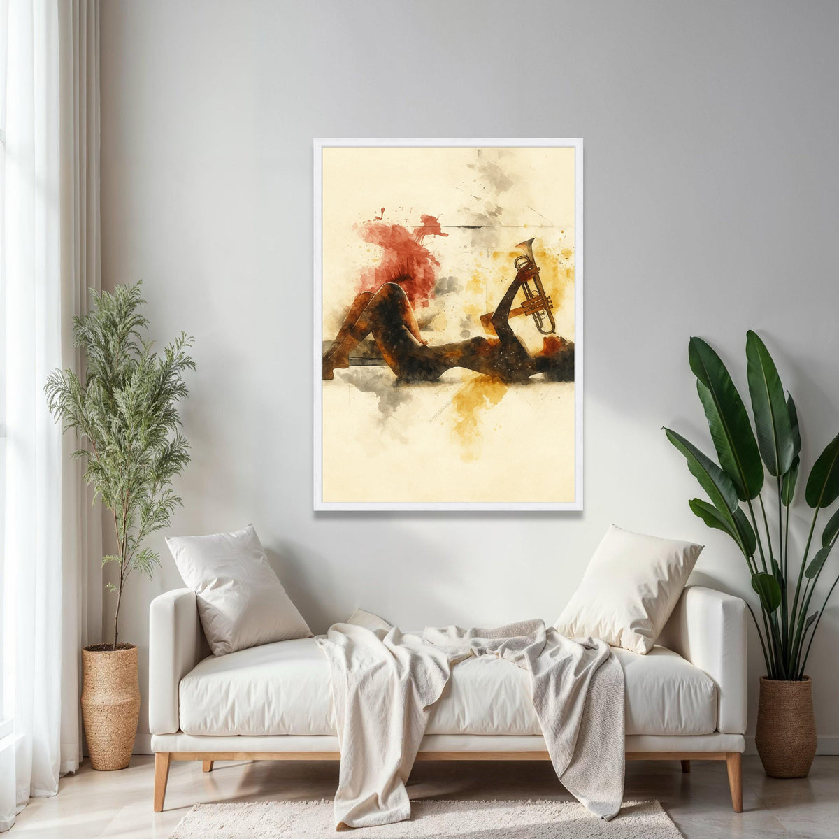 Jazz Musician Silhouette with Trumpet, Abstract Watercolor Canvas, Music Art Print, Modern Wall Decor, Artistic Gift Art, Home Decor, Print