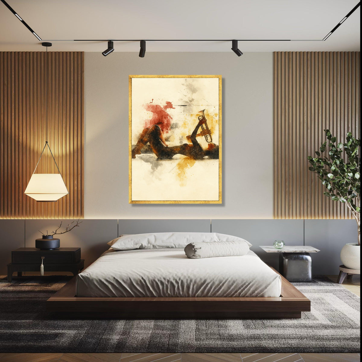 Jazz Musician Silhouette with Trumpet, Abstract Watercolor Canvas, Music Art Print, Modern Wall Decor, Artistic Gift Art, Home Decor, Print