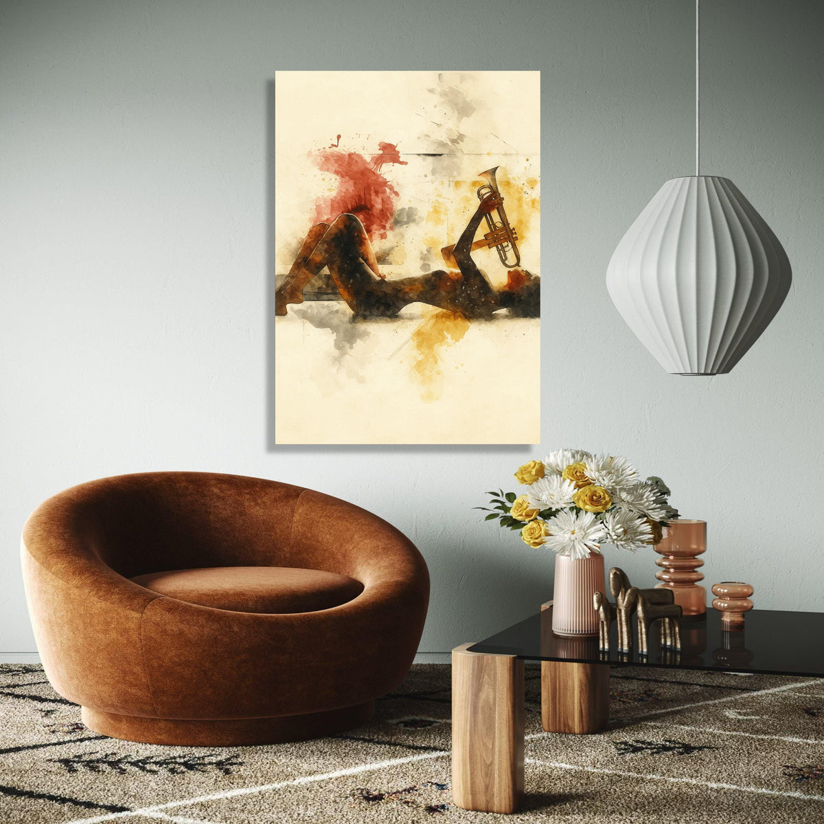 Jazz Musician Silhouette with Trumpet, Abstract Watercolor Canvas, Music Art Print, Modern Wall Decor, Artistic Gift Art, Home Decor, Print