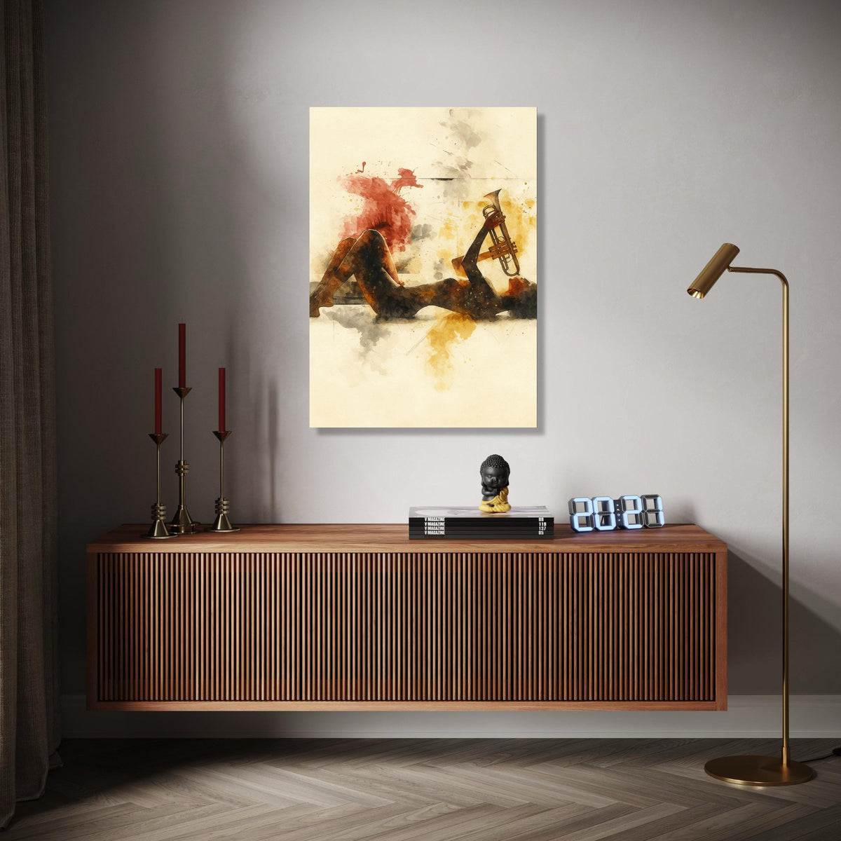 Jazz Musician Silhouette with Trumpet, Abstract Watercolor Canvas, Music Art Print, Modern Wall Decor, Artistic Gift Art, Home Decor, Print