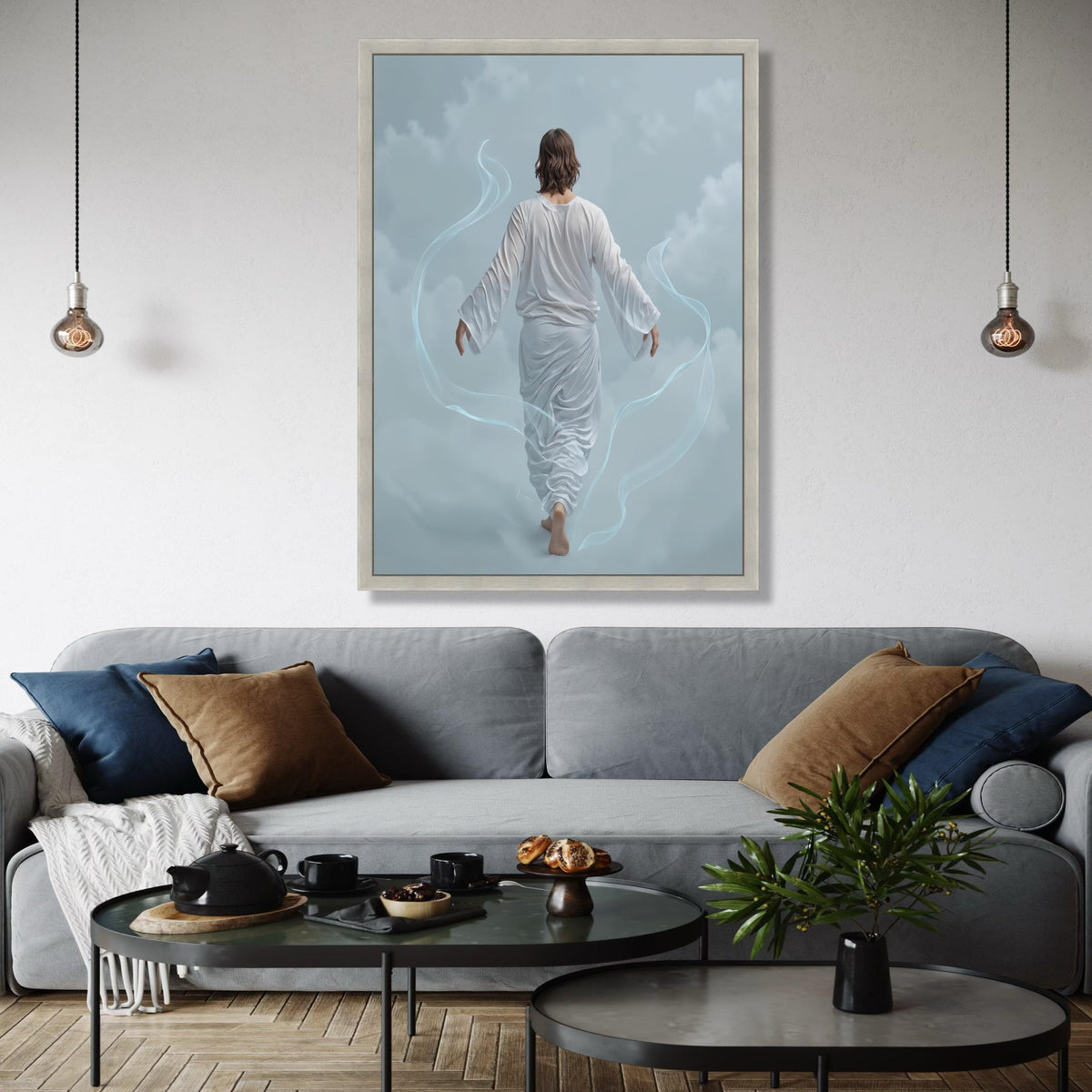 Ethereal Walking Figure Canvas, Serene Back View Art, Spiritual Wall Decoration, Mystical Cloudscape Canvas, Gift Art, Home Decor, Print